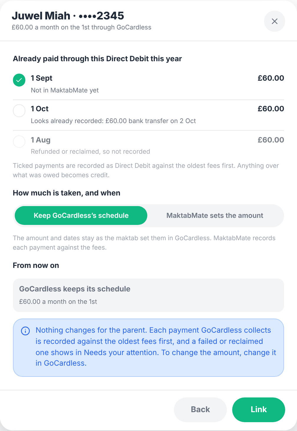 Linking one existing GoCardless Direct Debit, with earlier payments to record and the choice of schedule