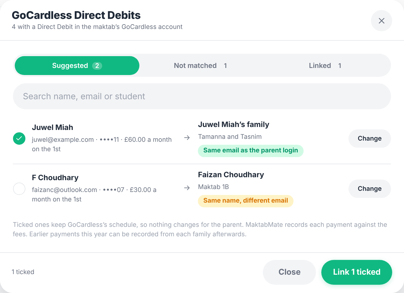 The Match existing Direct Debits pop-up with suggested matches to families