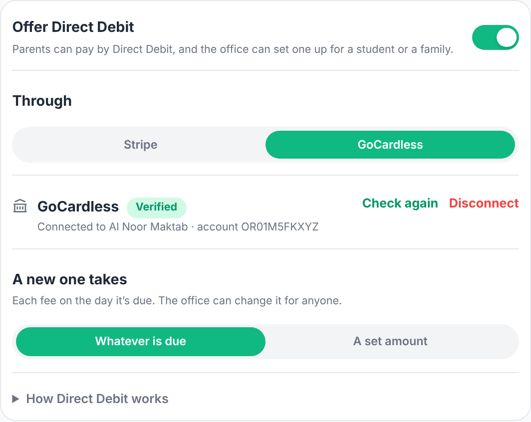 The Direct Debit tab in Fee settings, connected to GoCardless and verified