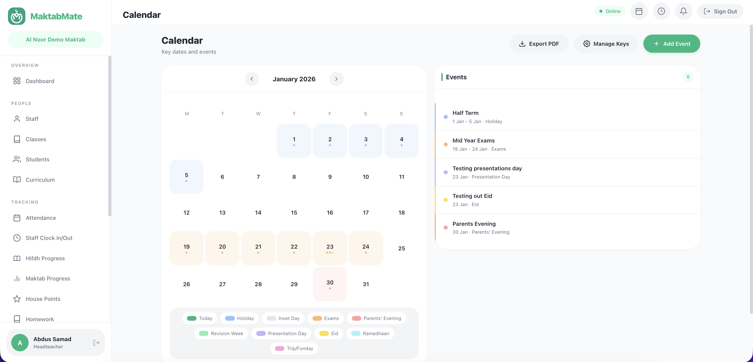 Calendar page with colour-coded events and monthly view
