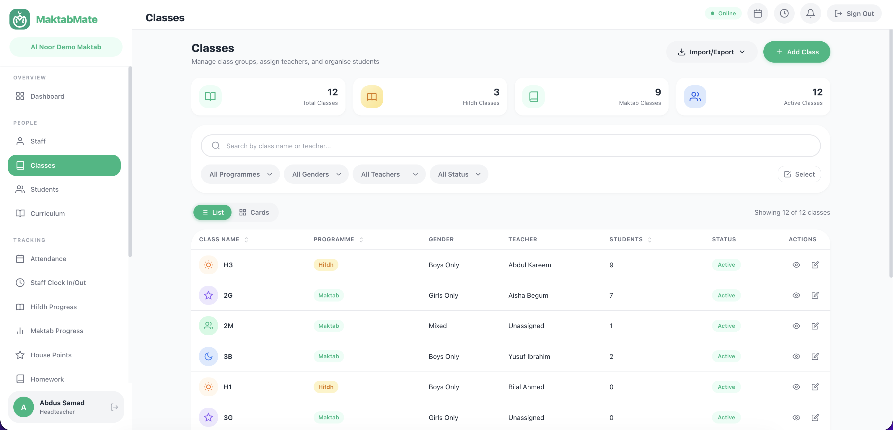 Classes page with Add Class button and class list