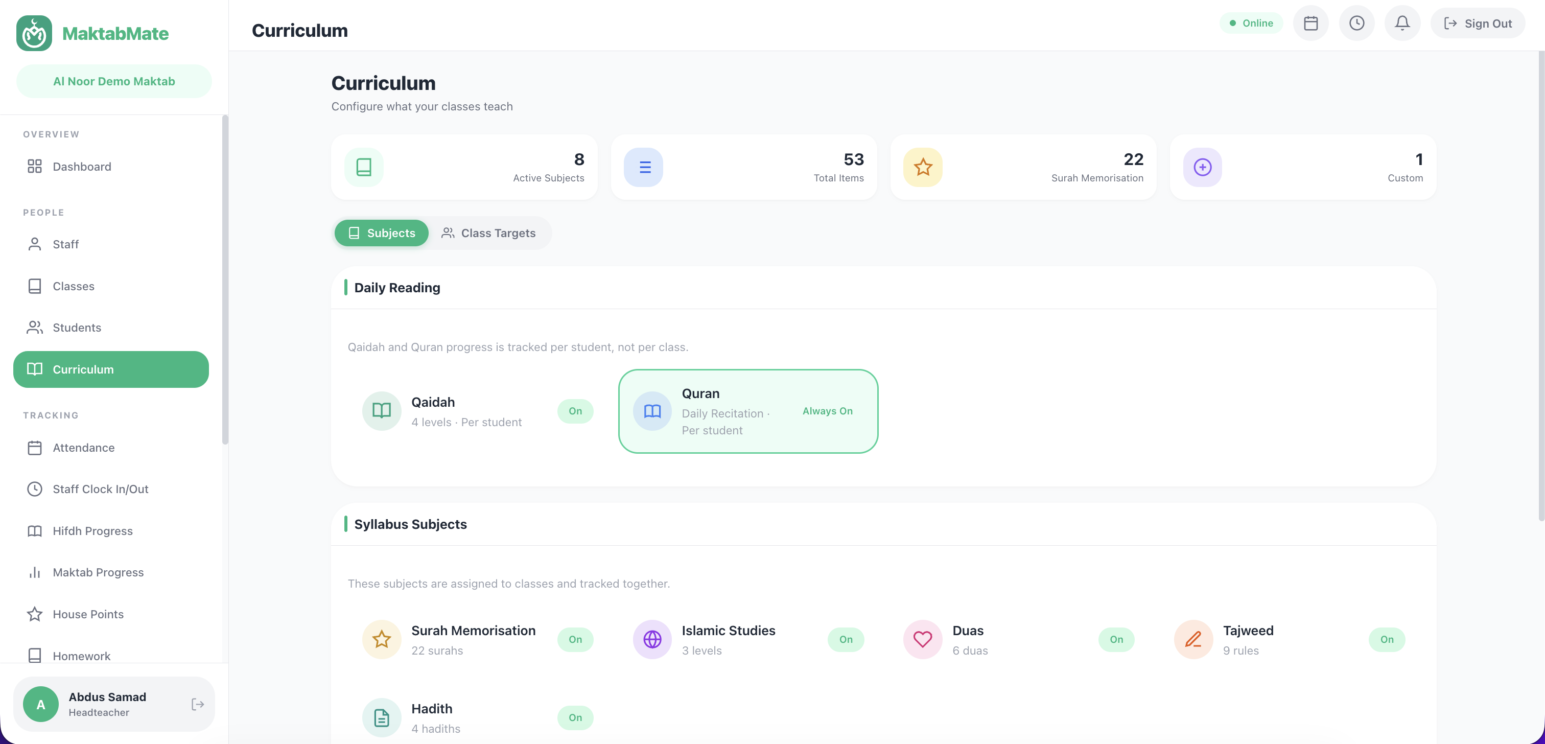 Curriculum page with active subjects