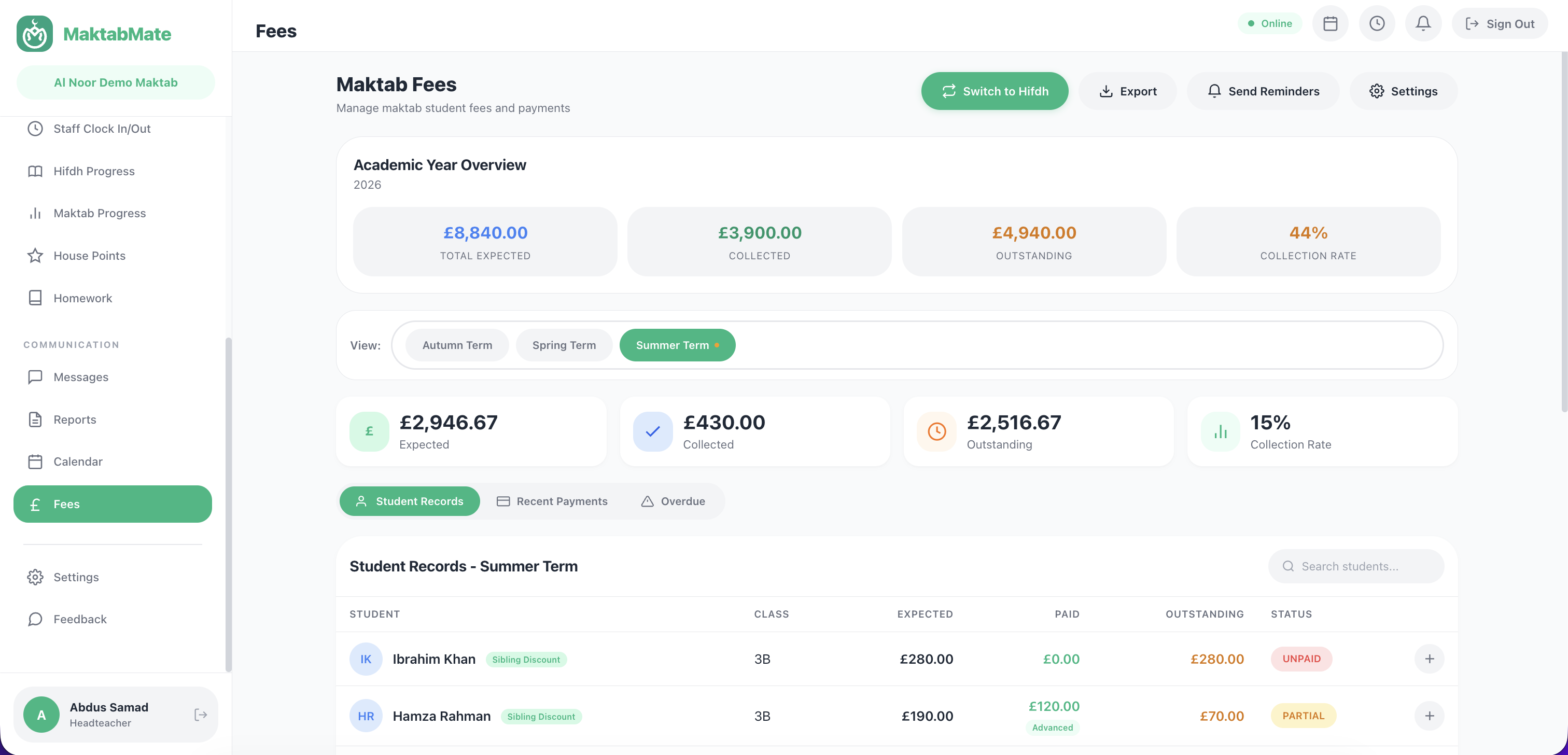 Fees page with yearly overview and student payment list