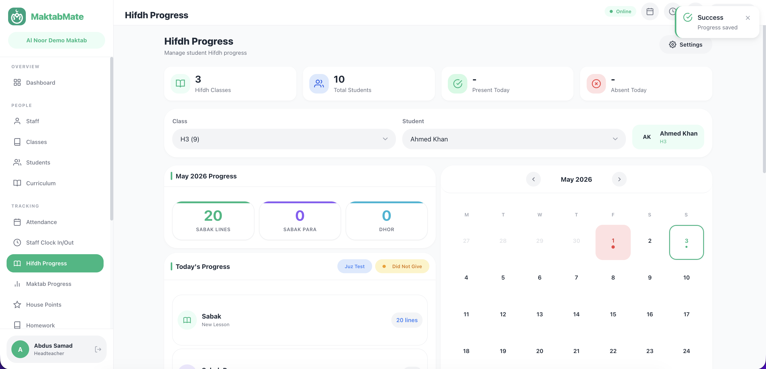 Hifdh Progress page with Sabak/Para/Dhor sections