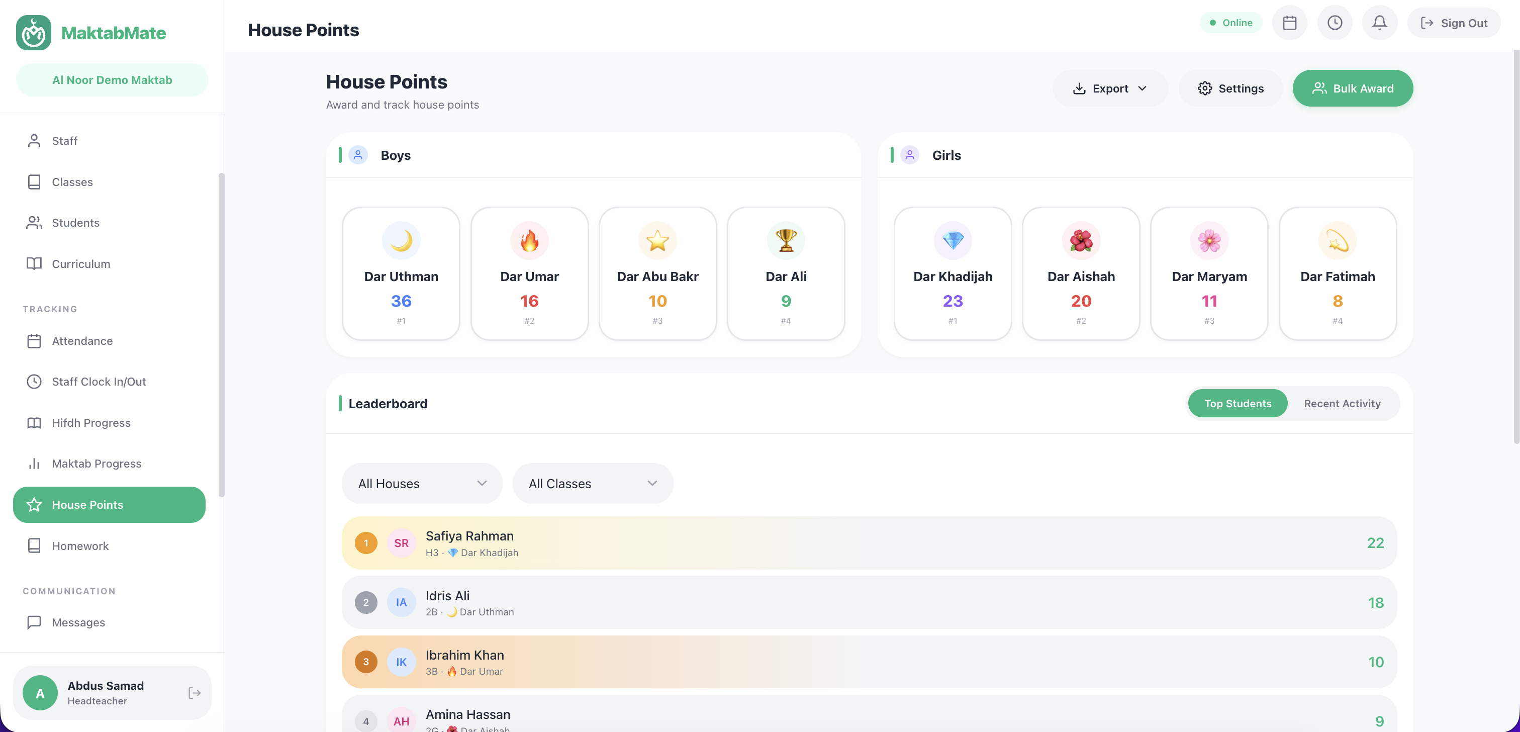 House Points page with leaderboard and award button