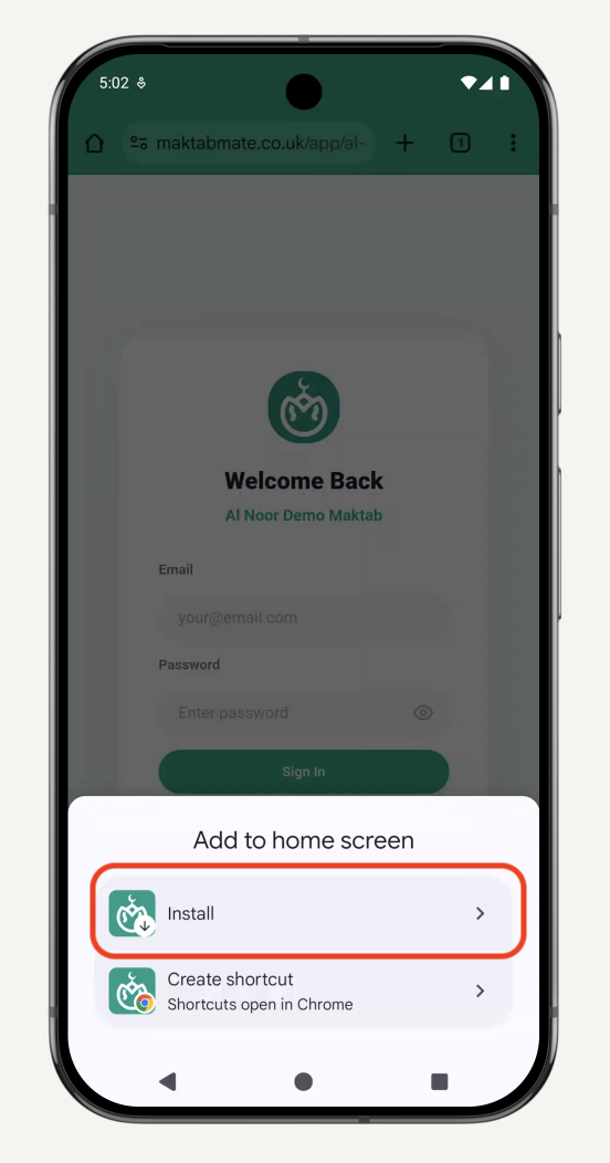"Add to Home screen" option in Chrome menu