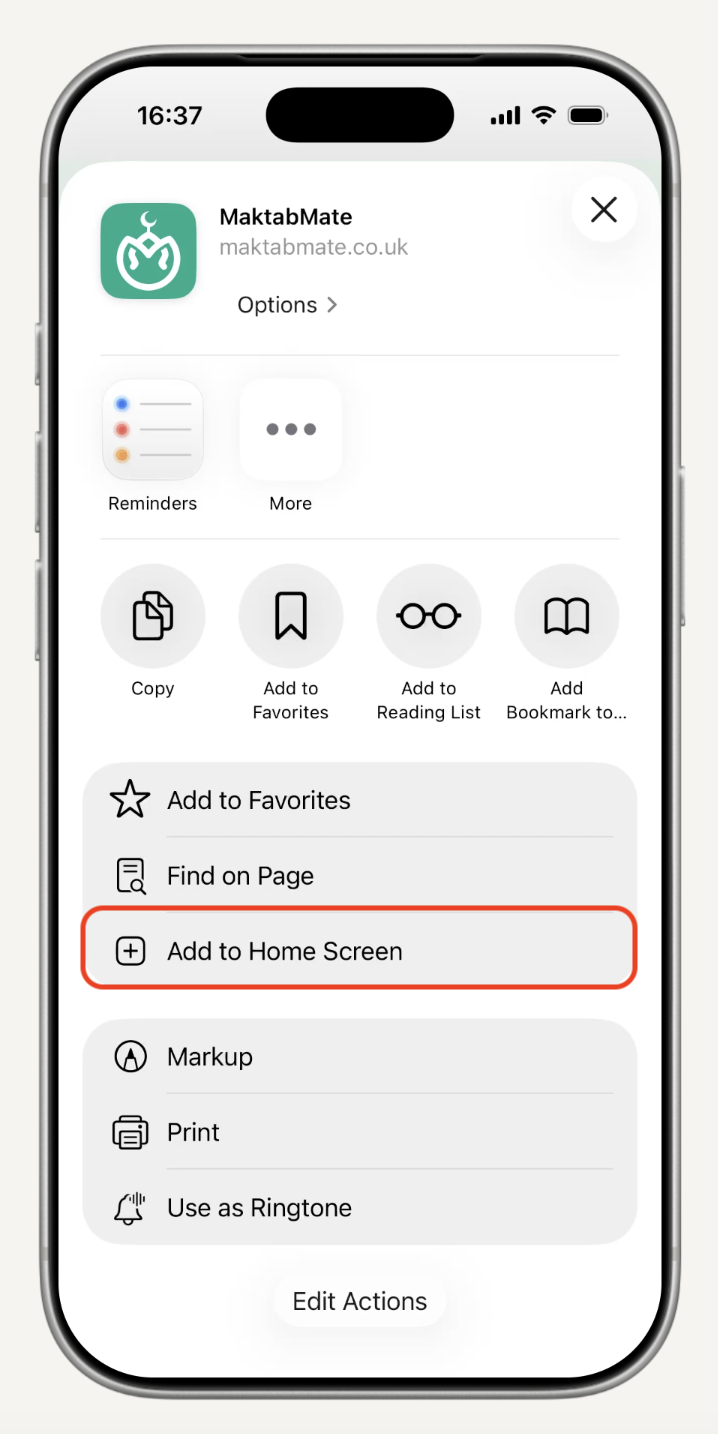 "Add to Home Screen" option in Safari share sheet