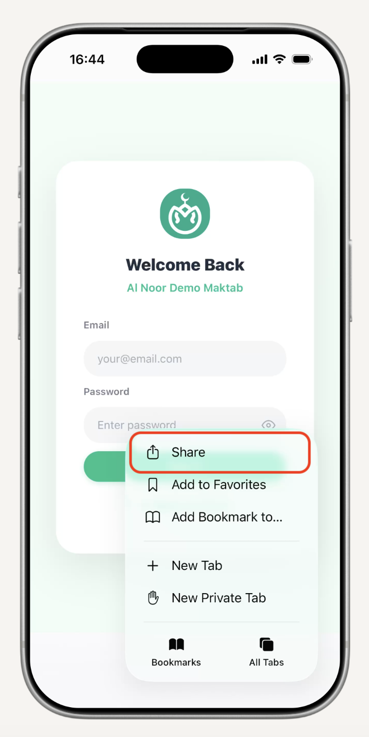Safari share button highlighted at bottom of screen