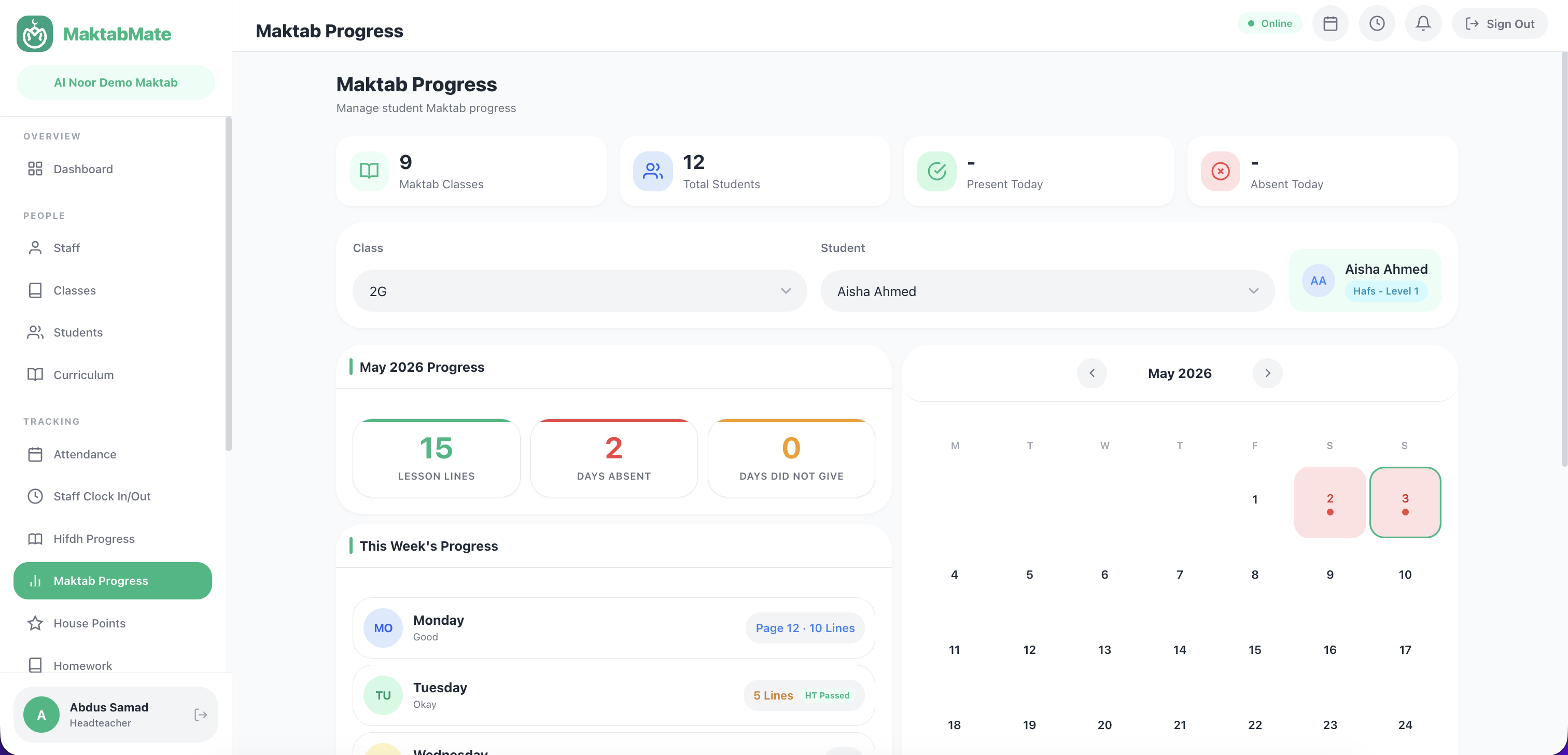 Maktab Progress page with student selector and progress form