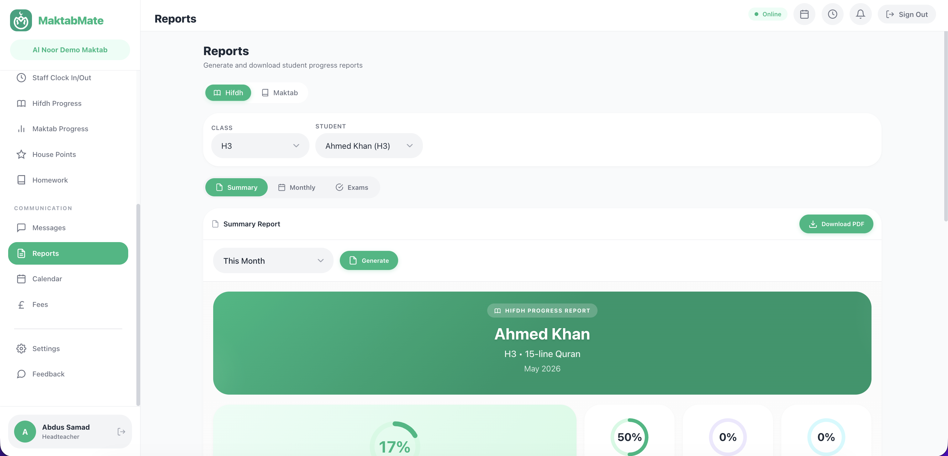 Reports page with programme toggle, filters, and summary tab