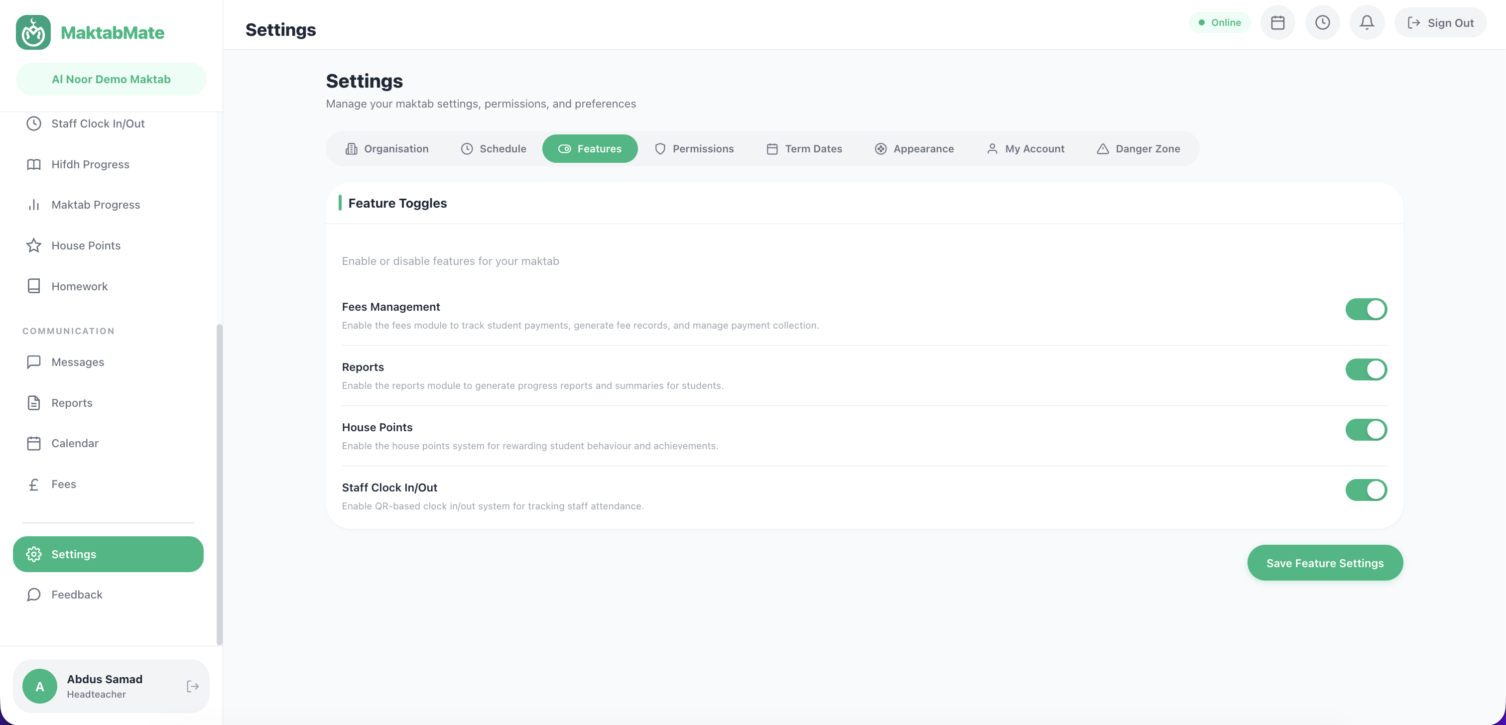 Settings page with tab navigation