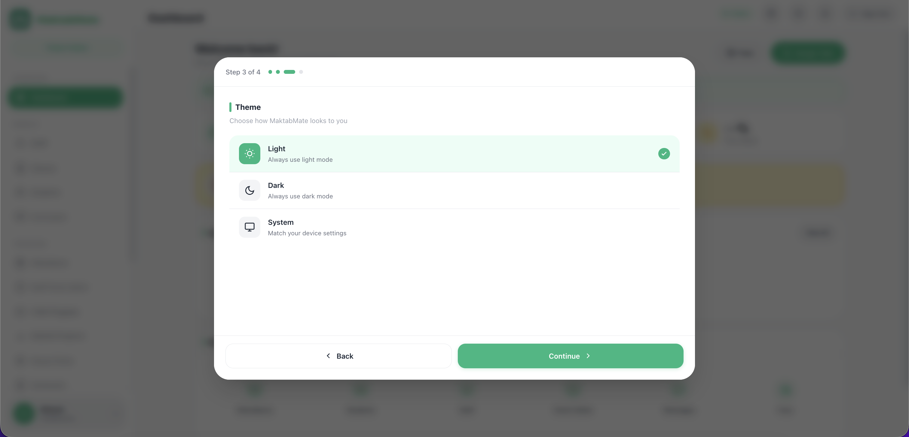 Theme selector with Light, Dark, and System options