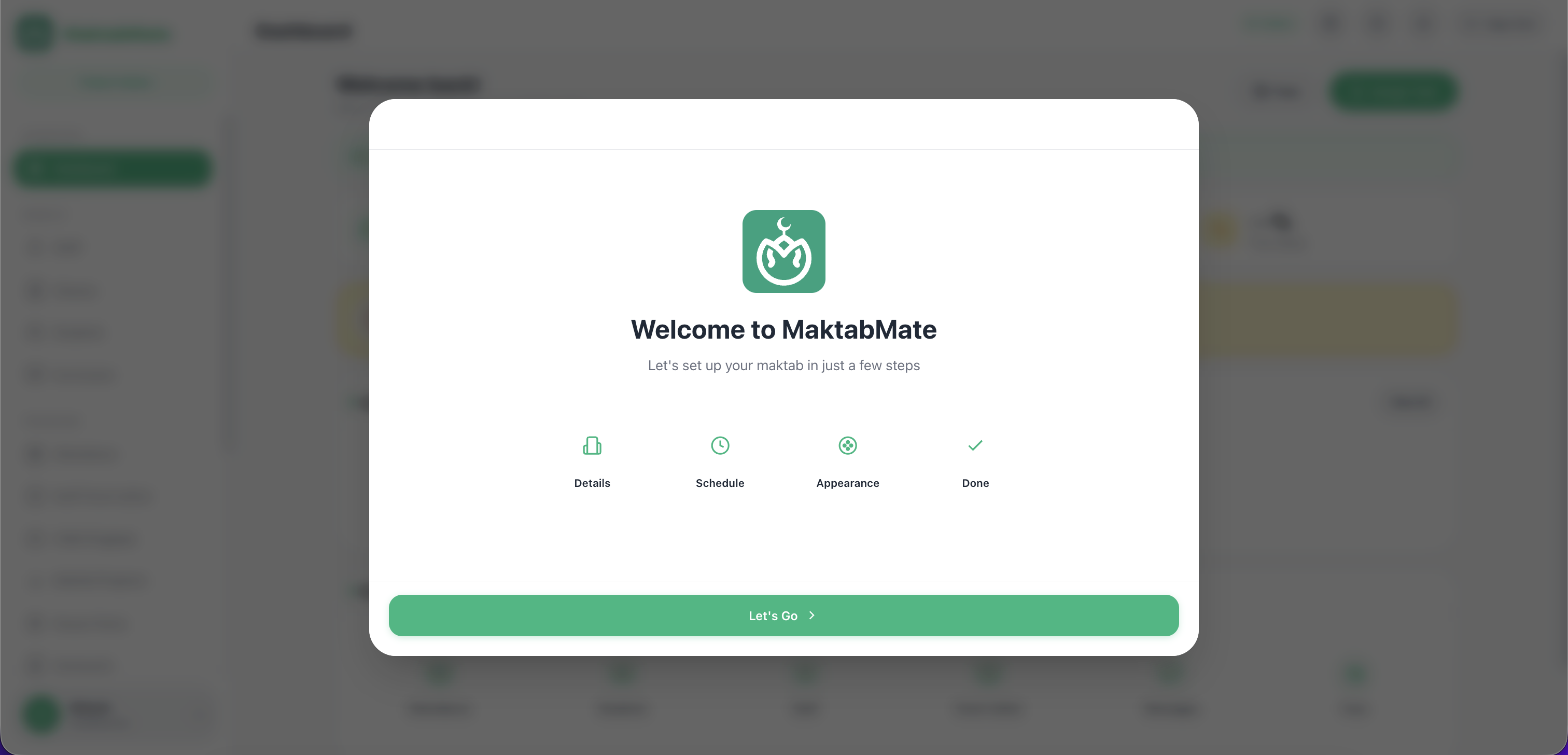 Welcome screen with the four setup icons