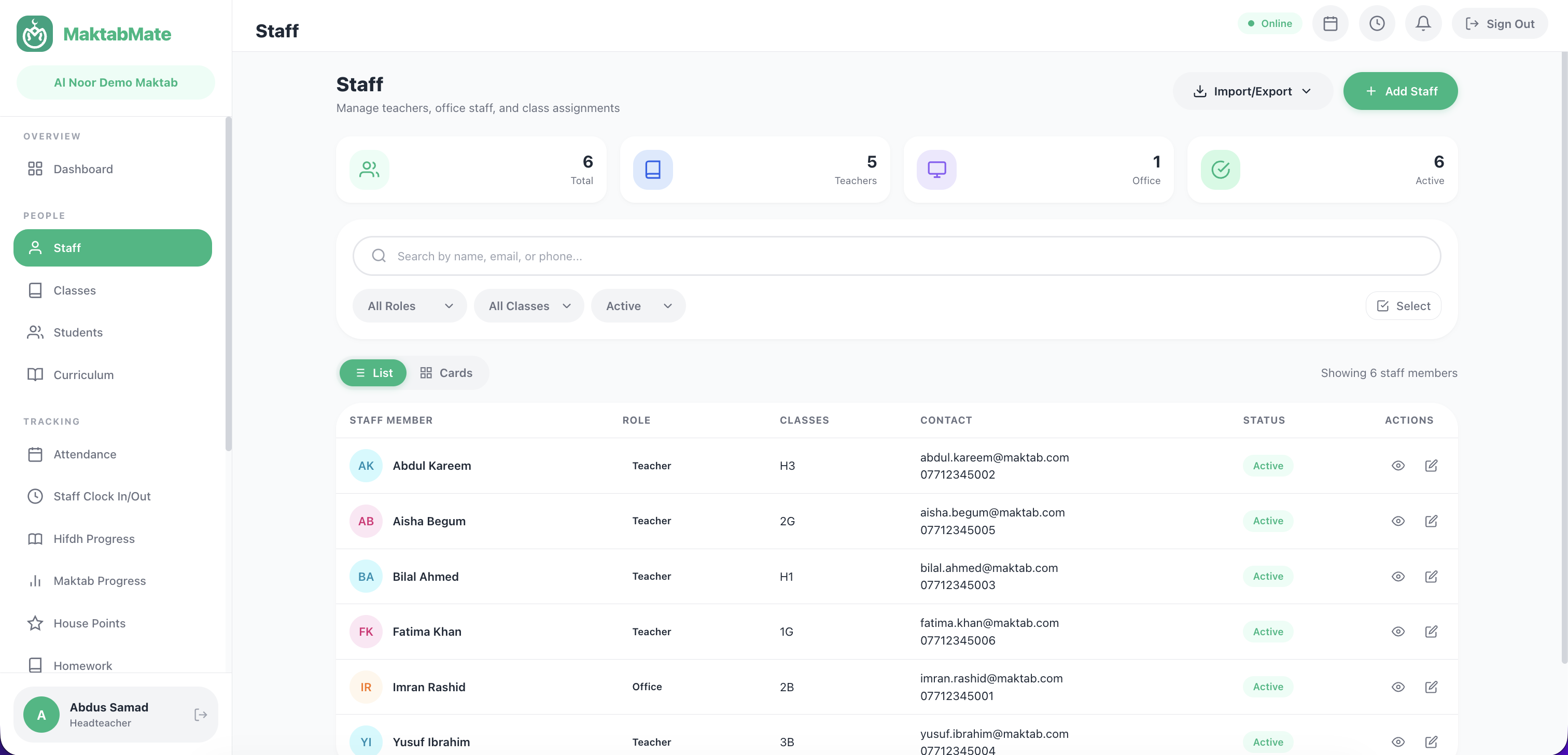 Staff page with staff list and Add Staff button