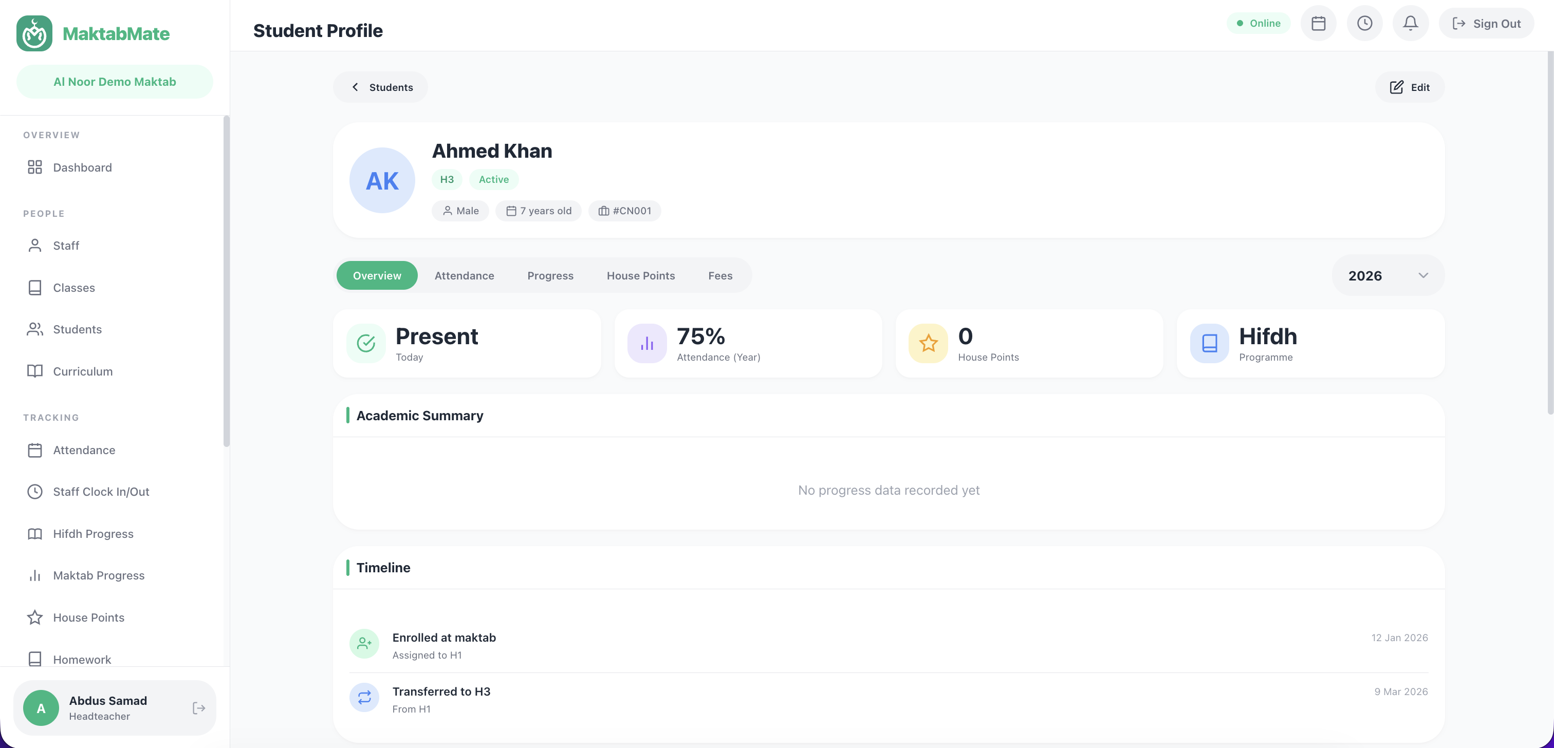 Student profile page